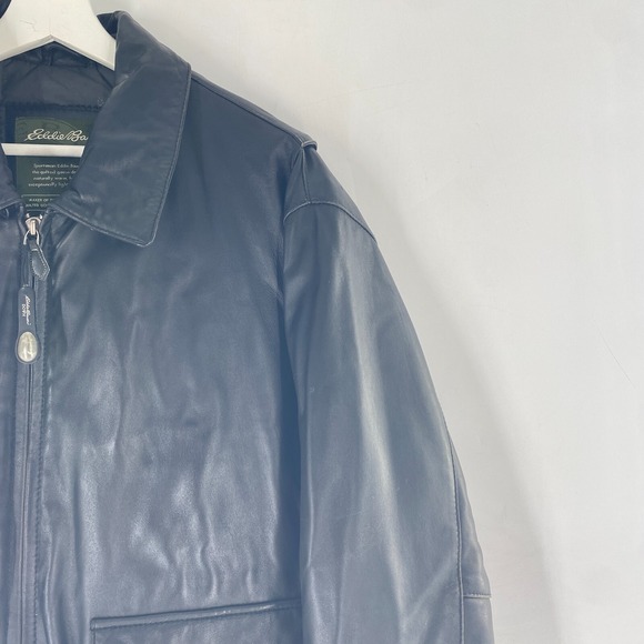 Eddie Bauer Lamb Leather Goose Down Fill Puffer Lined Bomber Jacket Black Sz L - Picture 3 of 13